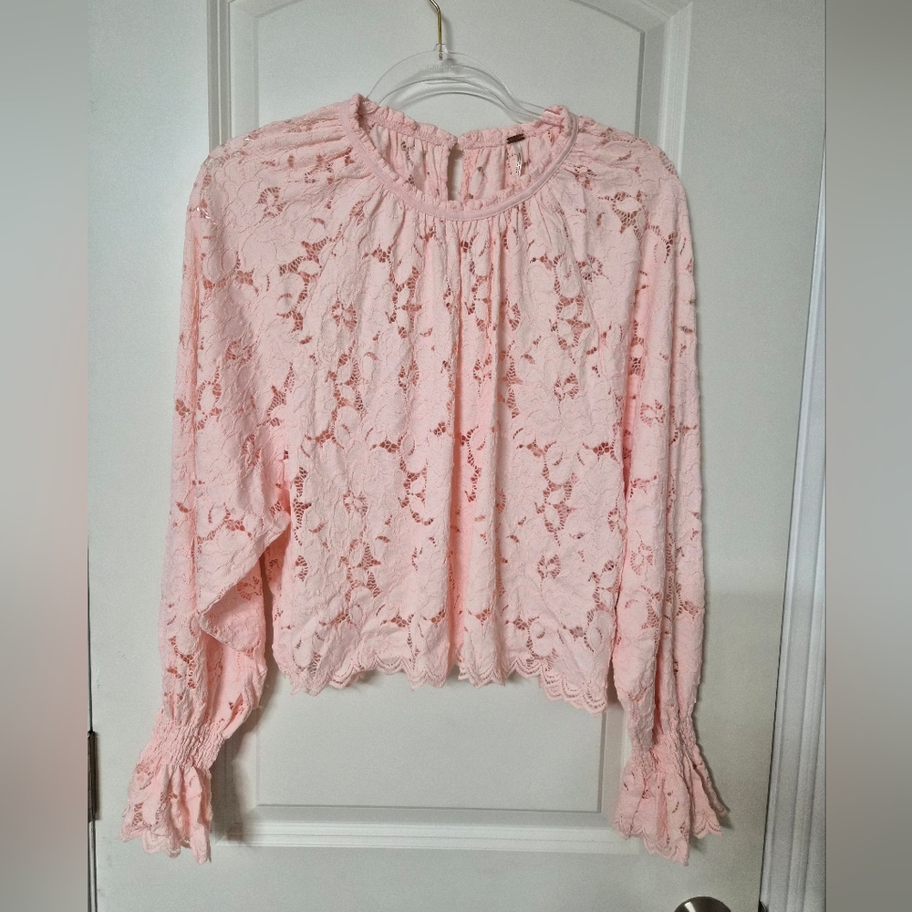Free People Pink Lace Long Sleeve Blouse - XS
